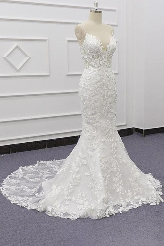 Spaghetti Strap Lace Mermaid Wedding Dress with Appliqués