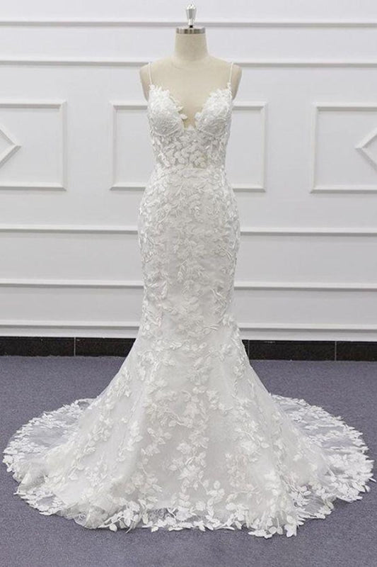 Spaghetti Strap Lace Mermaid Wedding Dress with Appliqués