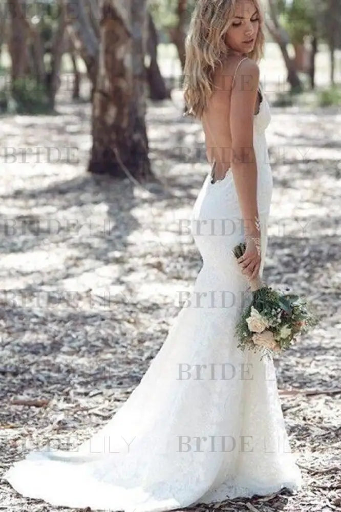 Spaghetti Strap Lace Beach Backless V Neck Sweep Train Long Wedding Dress
