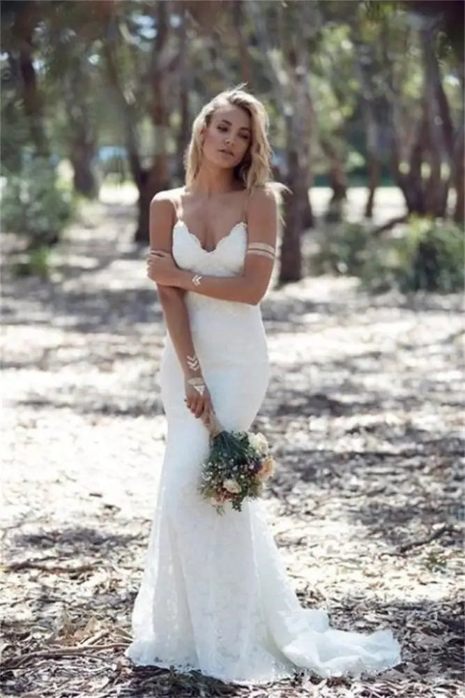 Spaghetti Strap Lace Beach Backless V Neck Sweep Train Long Wedding Dress
