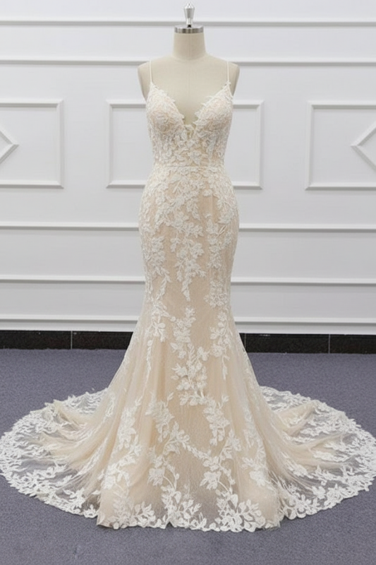 Spaghetti Strap Lace Mermaid Wedding Dress with Appliqués
