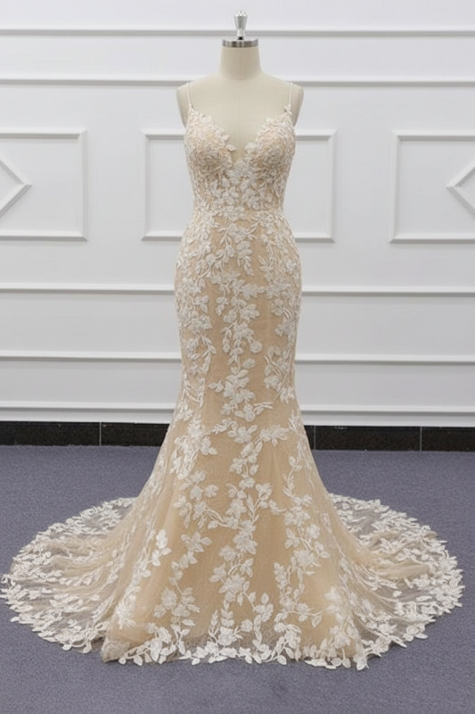 Spaghetti Strap Lace Mermaid Wedding Dress with Appliqués