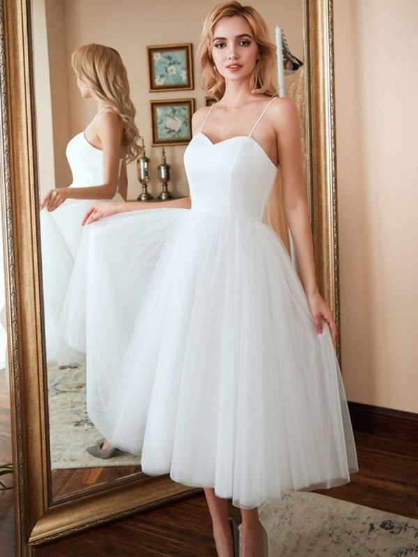 Spaghetti-Strap Lace-Up Tulle Short Wedding Dresses