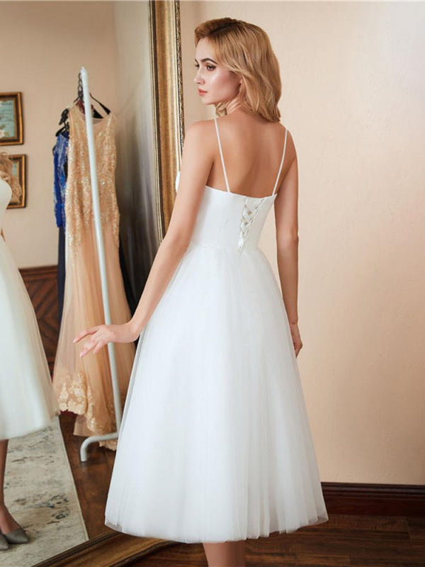 Spaghetti-Strap Lace-Up Tulle Short Wedding Dresses