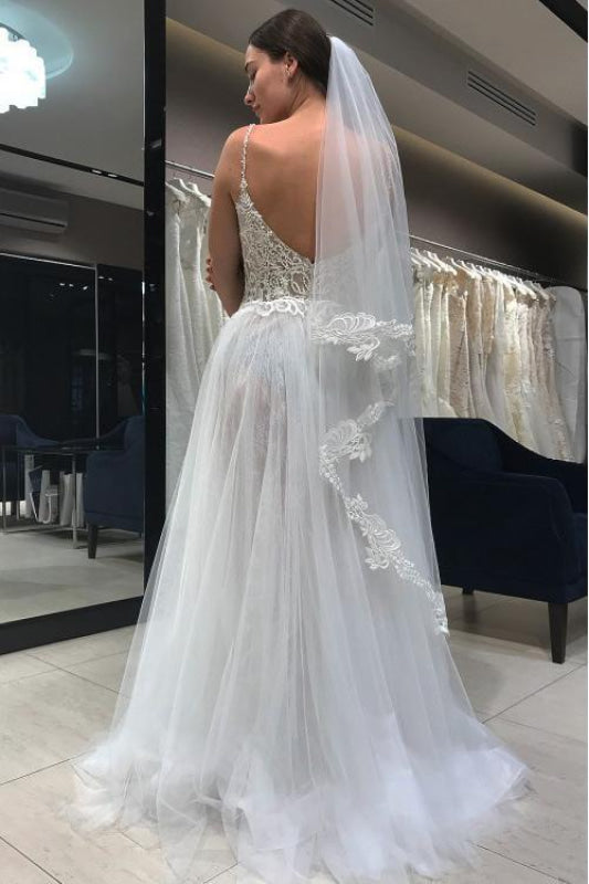 Spaghetti Strap Long Tulle with Lace Simple Backless Beach Wedding Dress