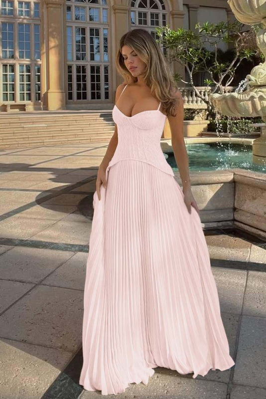 Spaghetti Strap Ruffles Sleeveless Prom Dress Long With Embroidery