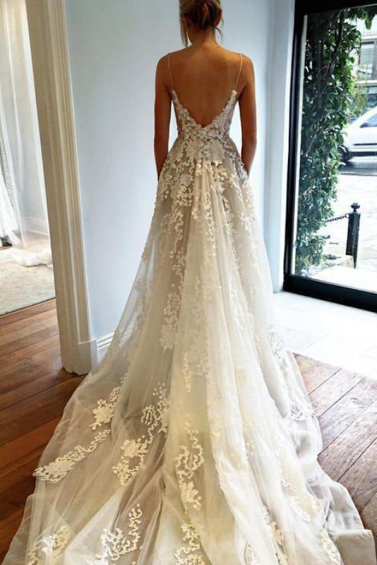 Spaghetti Strap V Neck Beach Court Train Tulle Wedding Dress with Lace
