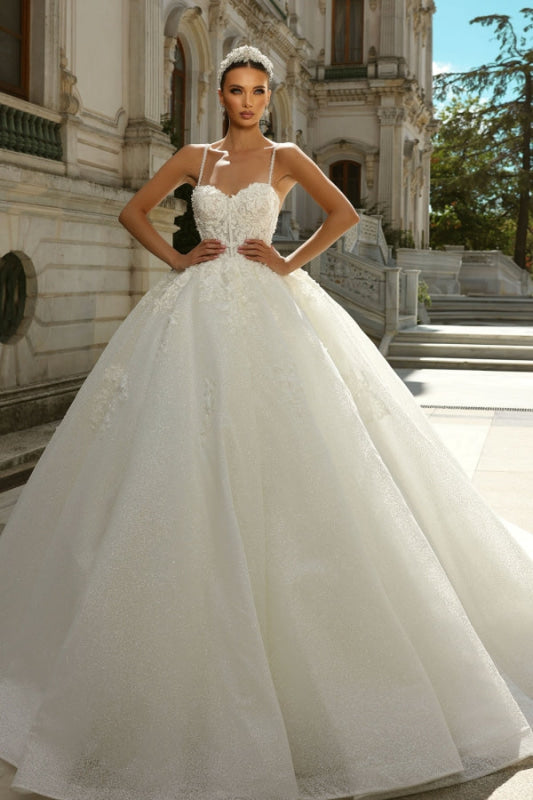 Spaghetti Strapes Sweetheart  A-Line Appliques Lace Ball Gown Wedding Dress