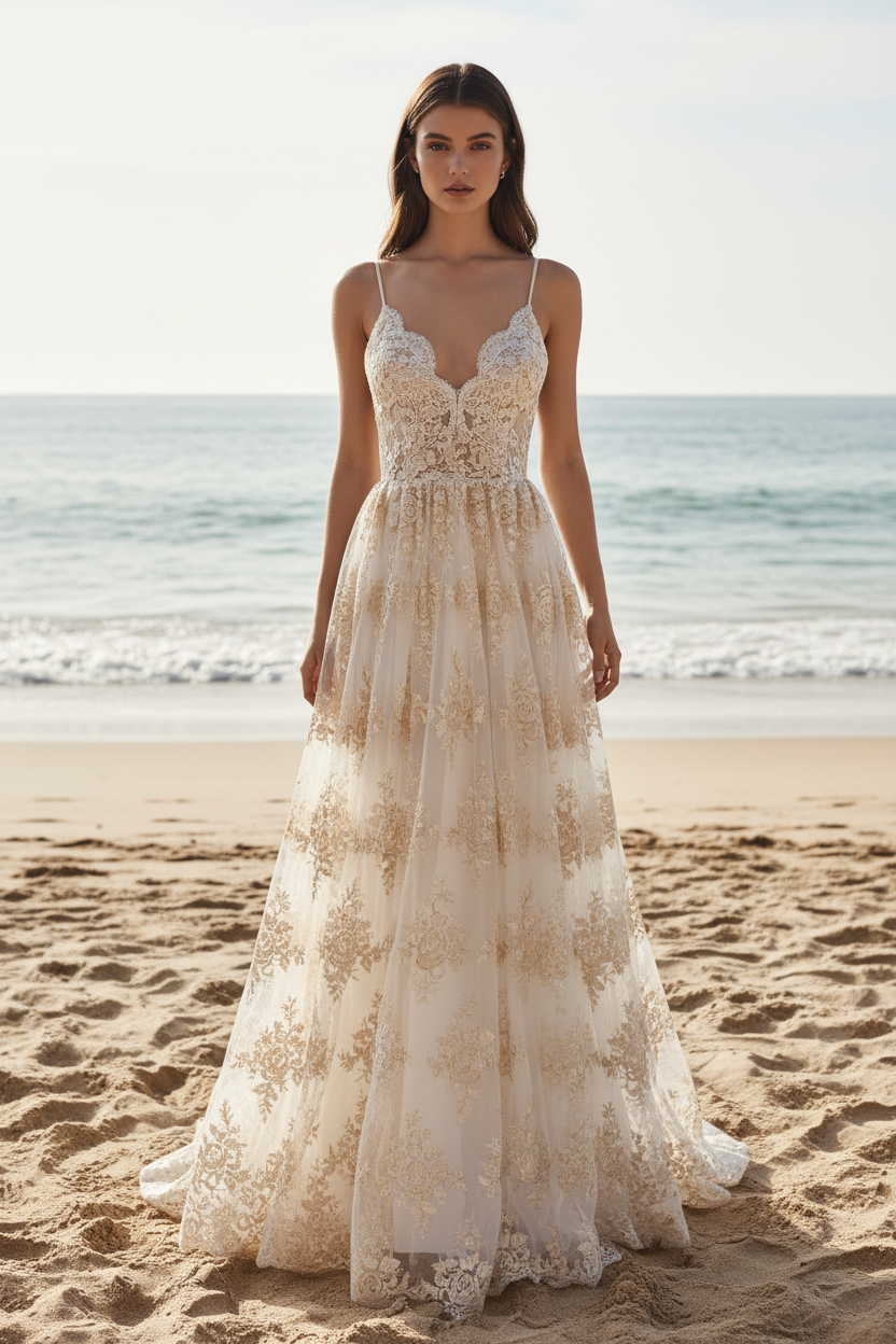 Spaghetti Straps Backless Lace Beach Wedding Dresses
