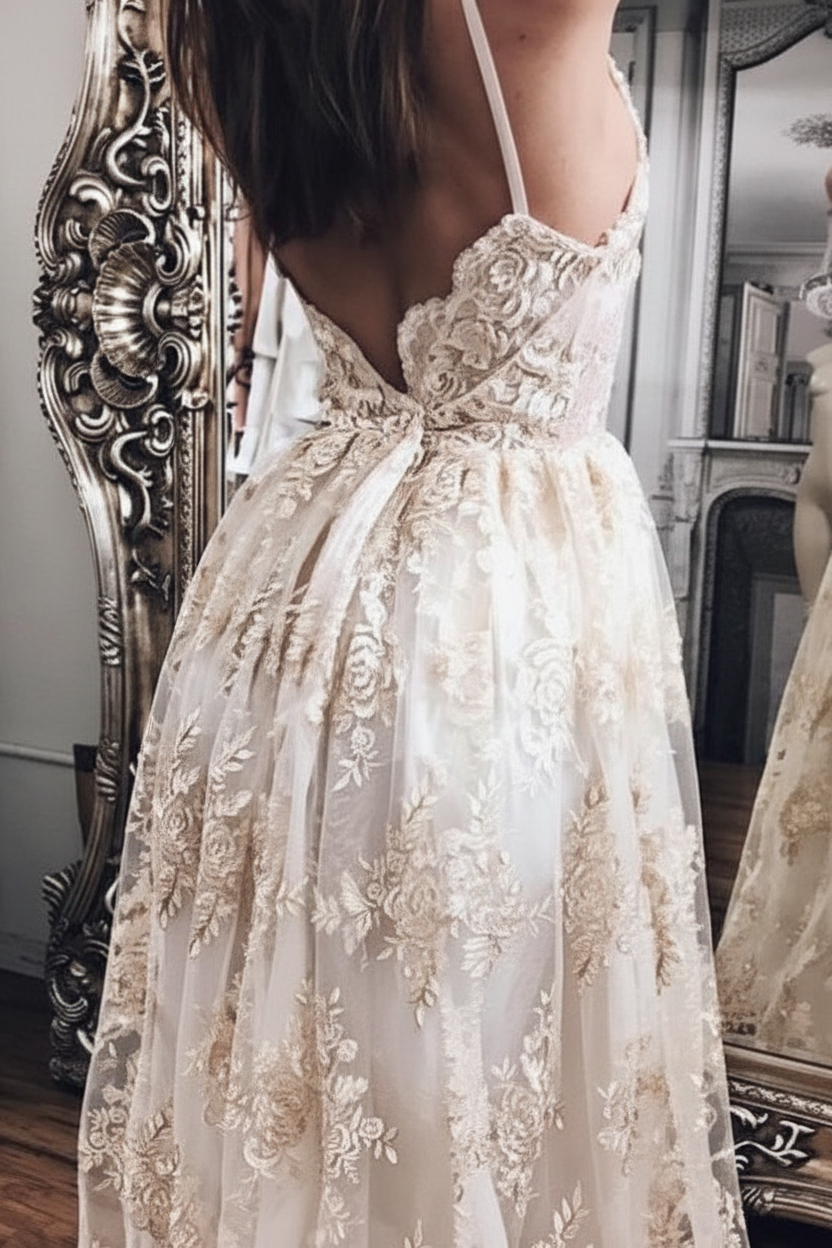 Spaghetti Straps Backless Lace Beach Wedding Dresses