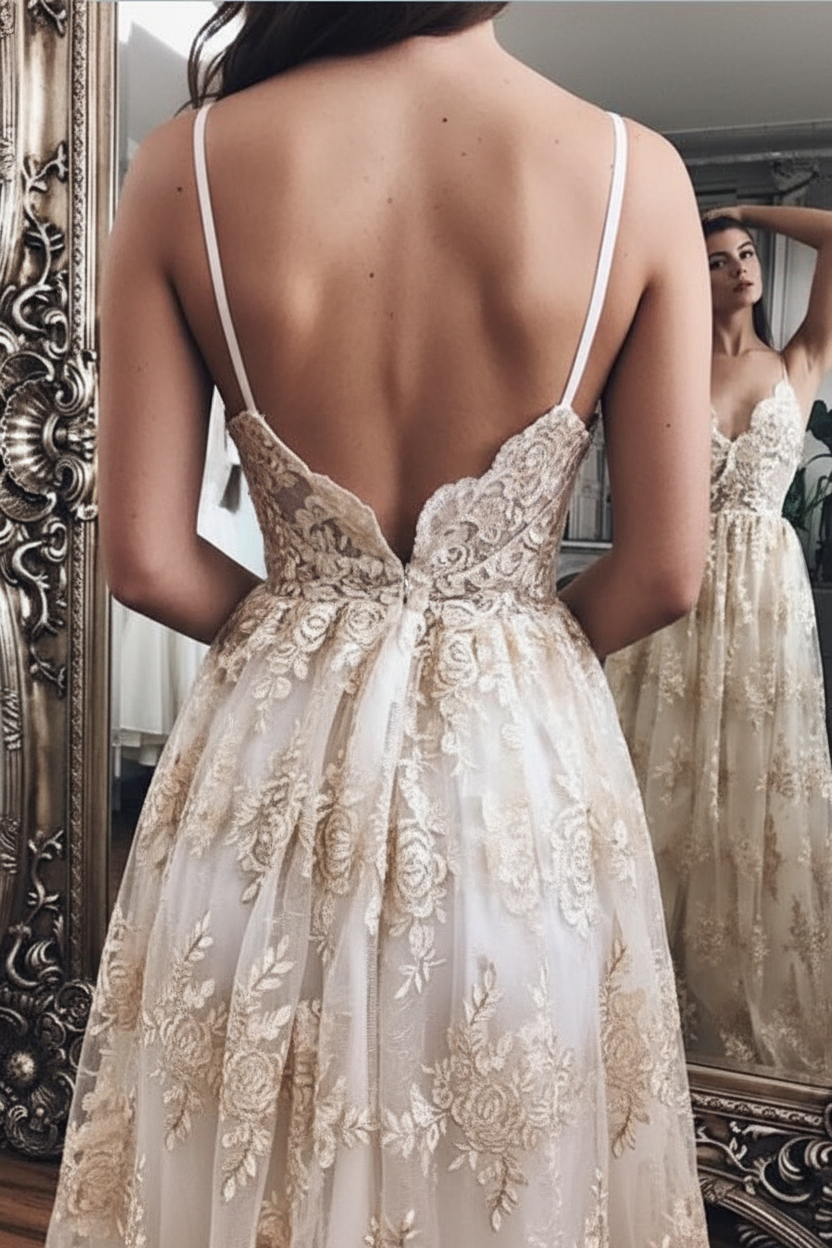 Spaghetti Straps Backless Lace Beach Wedding Dresses