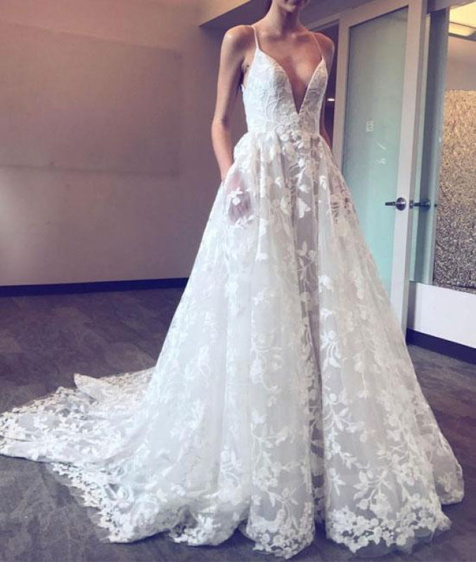 Spaghetti Straps Deep V-neck Sweep Train Lace Beach Wedding Dress