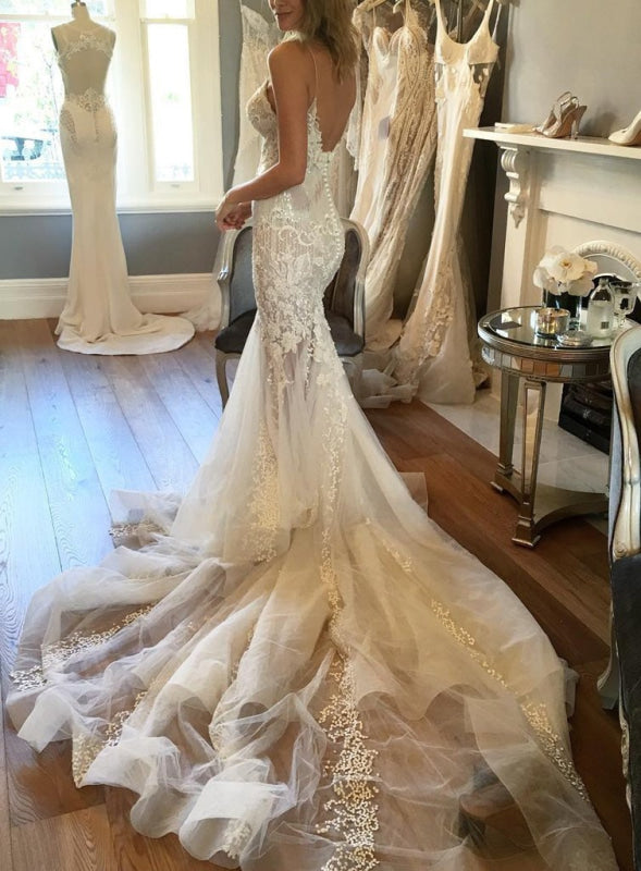 Spaghetti Straps Mermaid Appliqued V-neck Tulle Wedding Dress