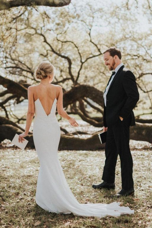 Spaghetti Straps Mermaid Backless V-Neck Beach Simple Boho Wedding Dress