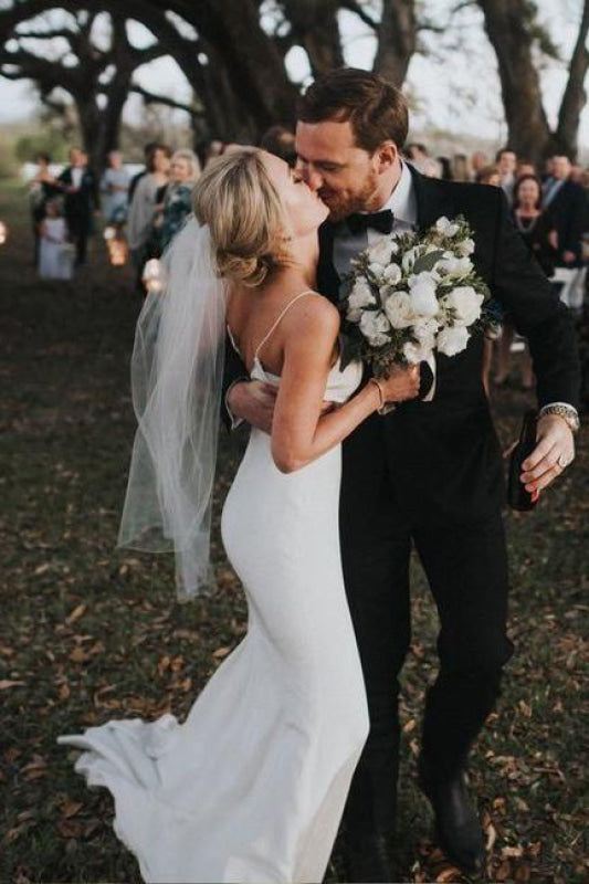 Spaghetti Straps Mermaid Backless V-Neck Beach Simple Boho Wedding Dress