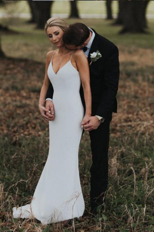 Spaghetti Straps Mermaid Backless V-Neck Beach Simple Boho Wedding Dress