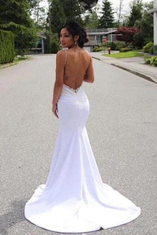 Spaghetti Straps Mermaid Lace Appliques Sexy Backless Wedding Dress