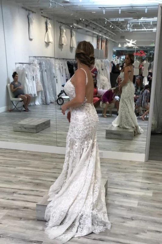 Spaghetti Straps Mermaid V Neck Backless Lace Wedding Dress