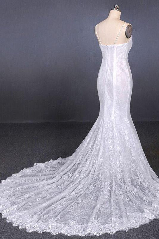 Spaghetti Straps Mermaid with Appliques Lace Beach Wedding Dress