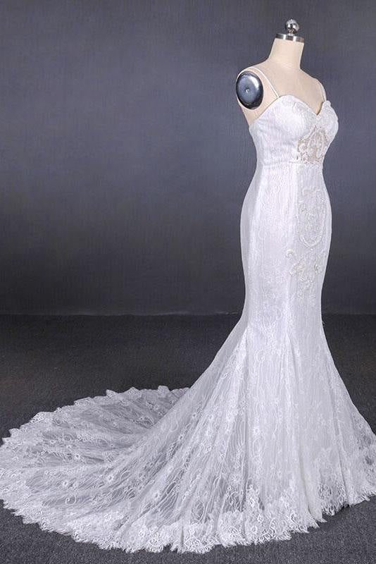 Spaghetti Straps Mermaid with Appliques Lace Beach Wedding Dress