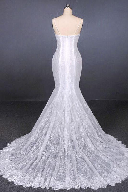 Spaghetti Straps Mermaid with Appliques Lace Beach Wedding Dress