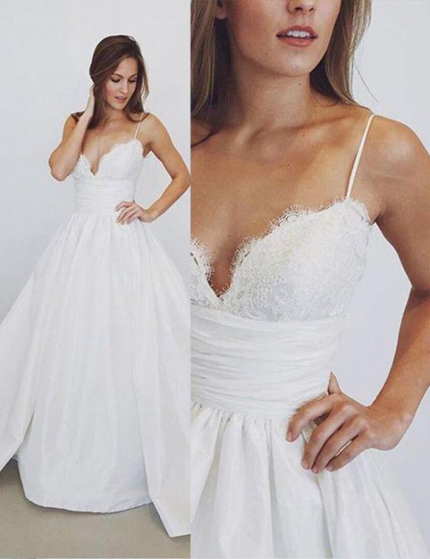 Spaghetti Straps White V Neck Sleeveless Satin Beach Wedding Dress