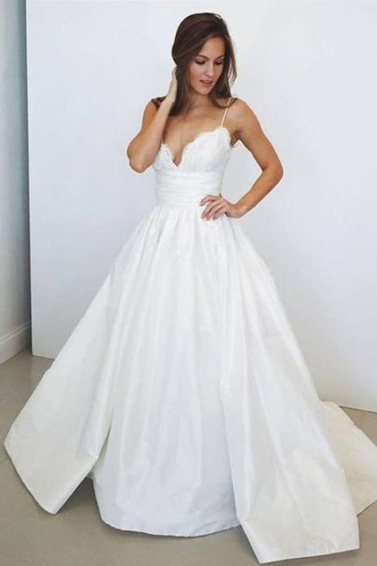 Spaghetti Straps White V Neck Sleeveless Satin Beach Wedding Dress
