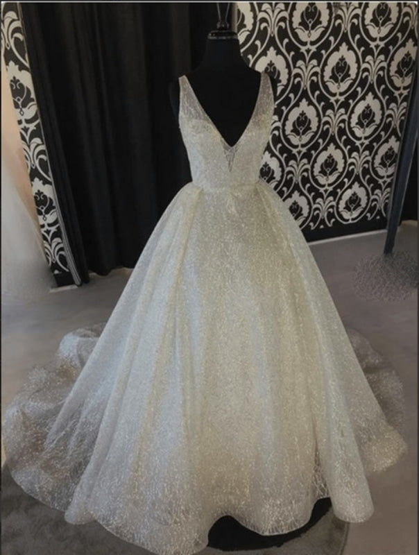 Sparkly A Line V Neck Backless Ivory Long Wedding Dress