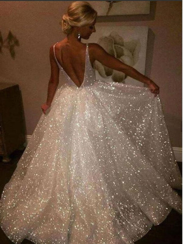 Sparkly A Line V Neck Backless Ivory Long Wedding Dress