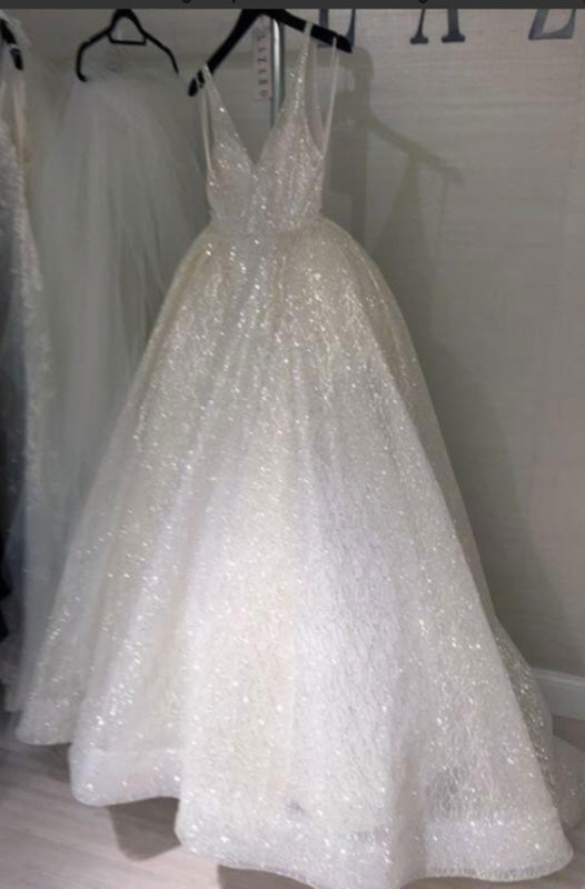 Sparkly A Line V Neck Backless Ivory Long Wedding Dress