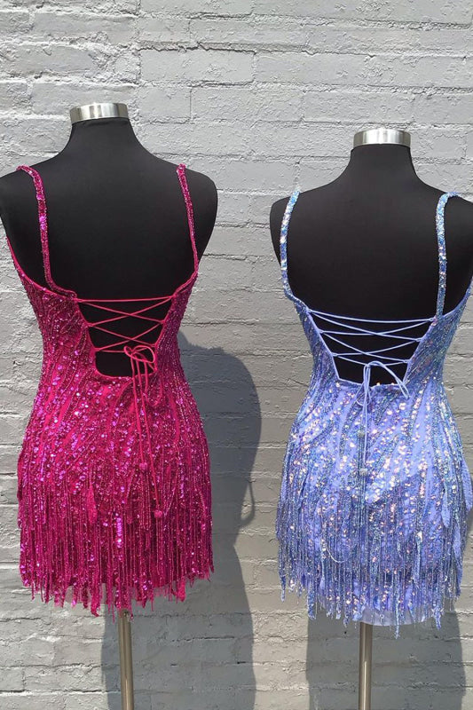 Sparkly Gold Sequins Short Party Dress Sleeveless with Tassels Homecoming Dress
