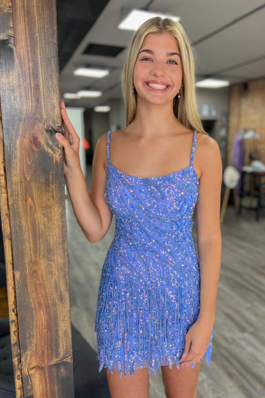 Sparkly Gold Sequins Short Party Dress Sleeveless with Tassels Homecoming Dress