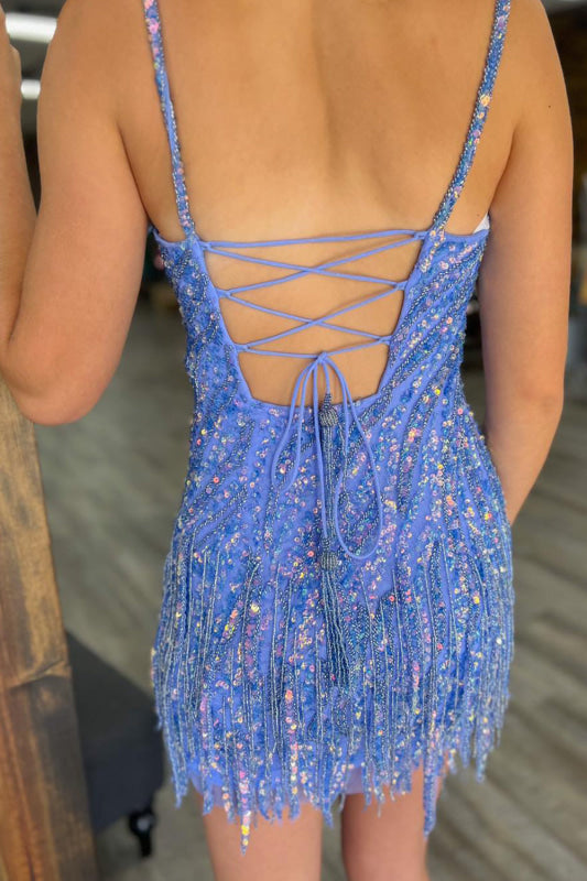 Sparkly Gold Sequins Short Party Dress Sleeveless with Tassels Homecoming Dress