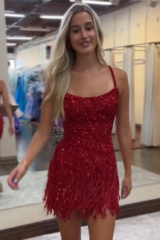 Sparkly Gold Sequins Short Party Dress Sleeveless with Tassels Homecoming Dress