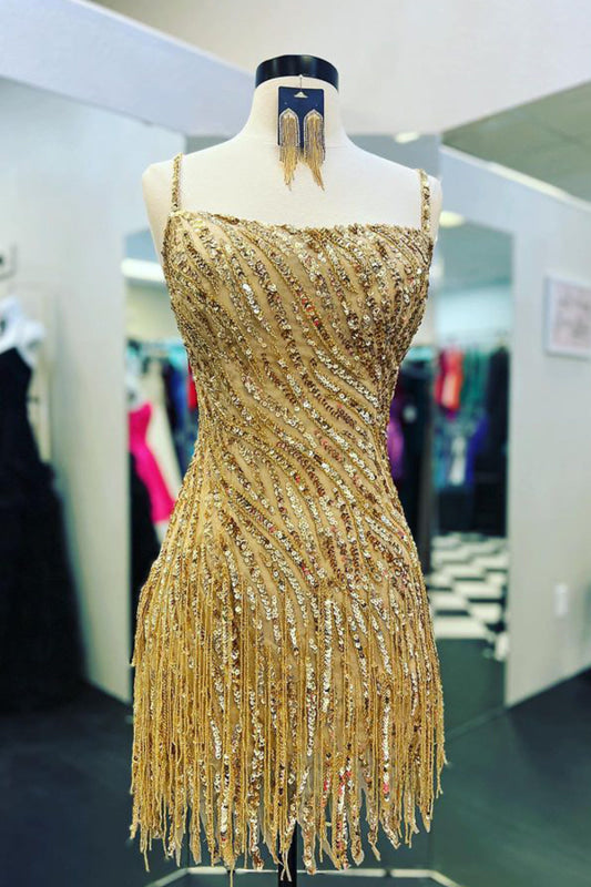 Sparkly Gold Sequins Short Party Dress Sleeveless with Tassels Homecoming Dress