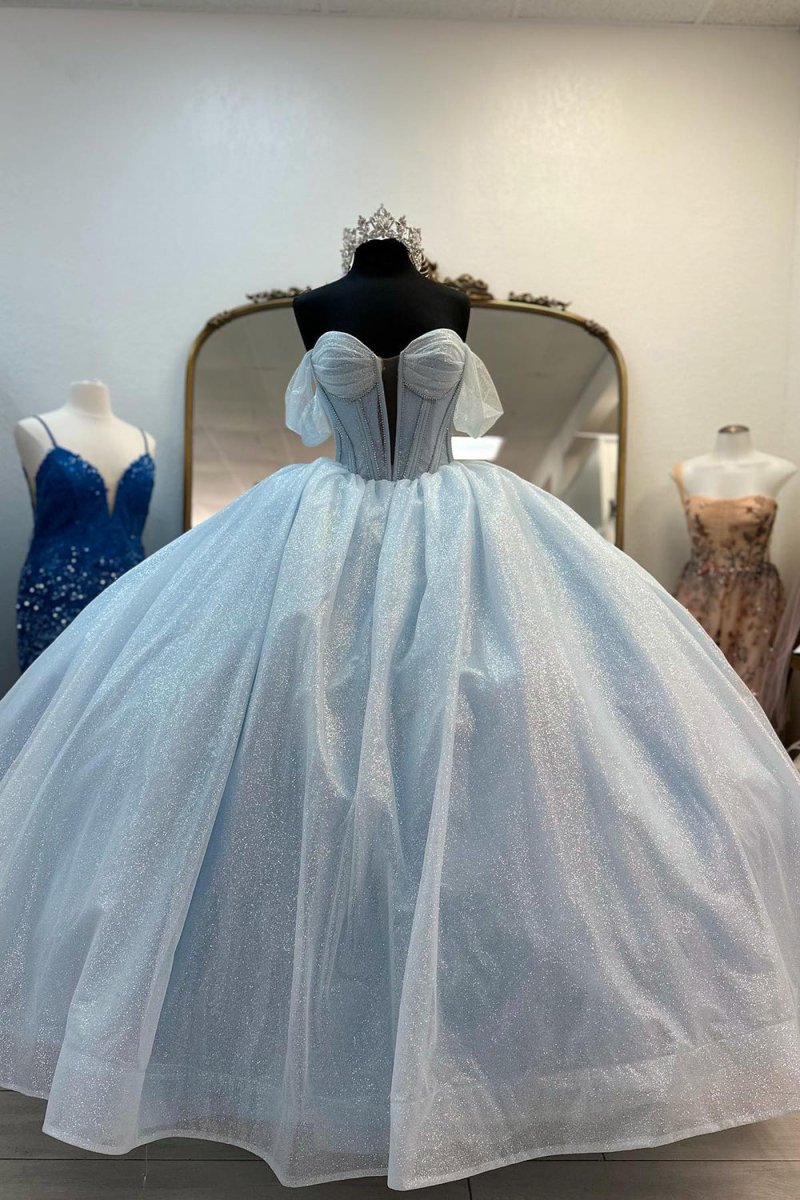 Light Blue Off the Shoulder Tulle Princess Long Corset Quinceanera Dress with Bow