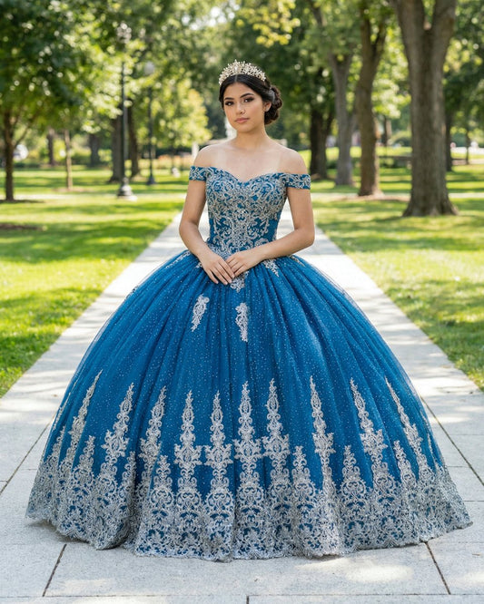 Sparkly Teal Blue Off-the-Shoulder Lace Up Back Quinceanera Dress