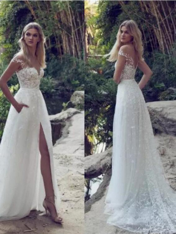 Split Lace Applique Sweep Train A Line Wedding Dresses