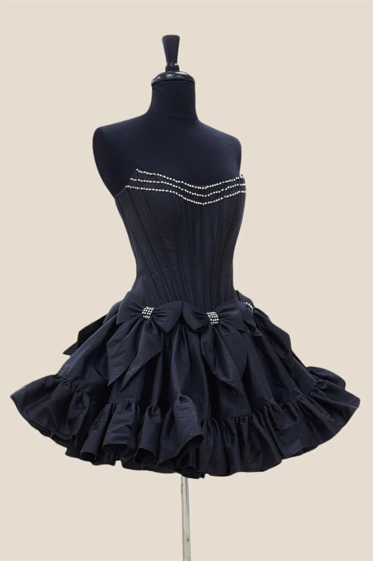 Strapless Black Homecoming Dress with Bows Short A-Line Prom Dress