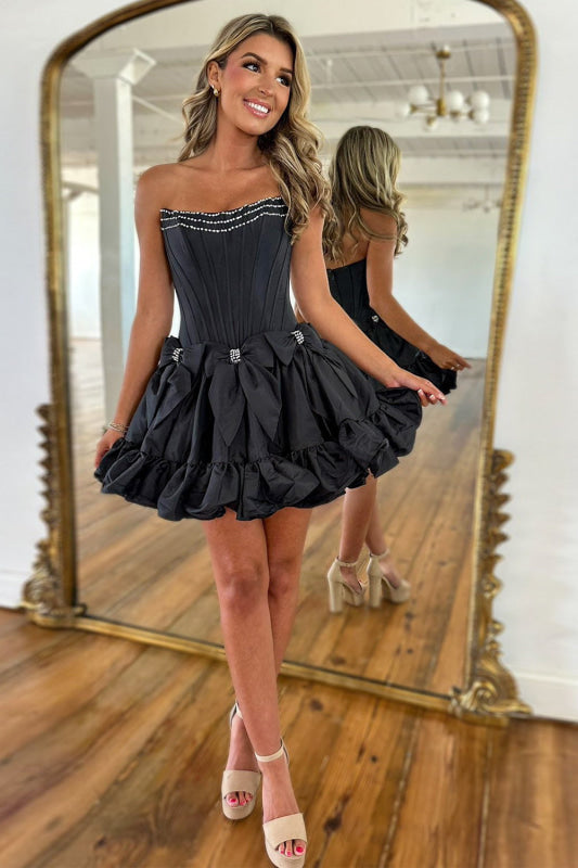 Strapless Black Homecoming Dress with Bows Short A-Line Prom Dress