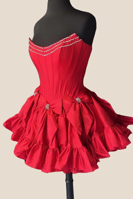 Strapless Black Homecoming Dress with Bows Short A-Line Prom Dress