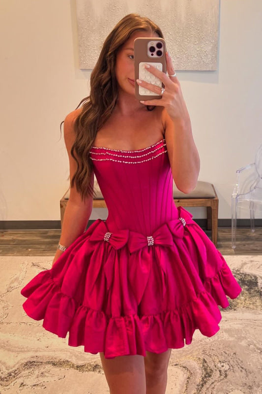 Strapless Black Homecoming Dress with Bows Short A-Line Prom Dress
