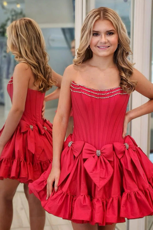 Strapless Black Homecoming Dress with Bows Short A-Line Prom Dress