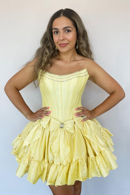 Strapless Black Homecoming Dress with Bows Short A-Line Prom Dress