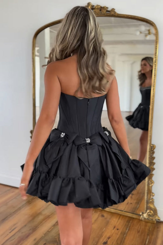 Strapless Black Homecoming Dress with Bows Short A-Line Prom Dress
