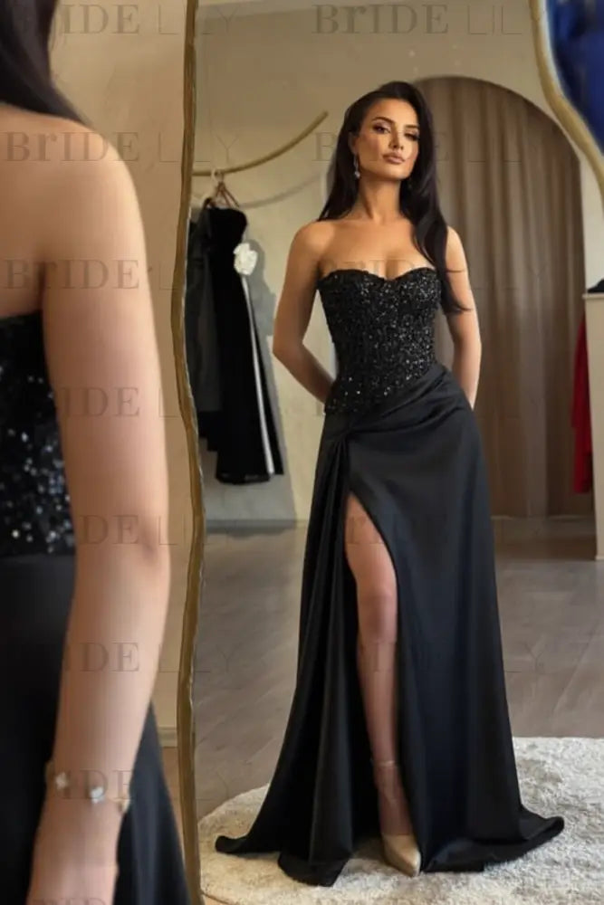 Strapless Royal Blue Sequins Sheath Long Prom Dress Ruffle Satin Side Split Dress