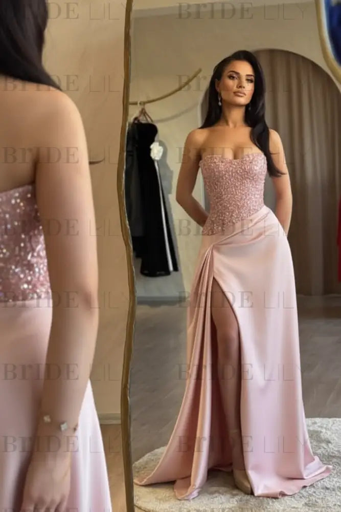 Strapless Royal Blue Sequins Sheath Long Prom Dress Ruffle Satin Side Split Dress