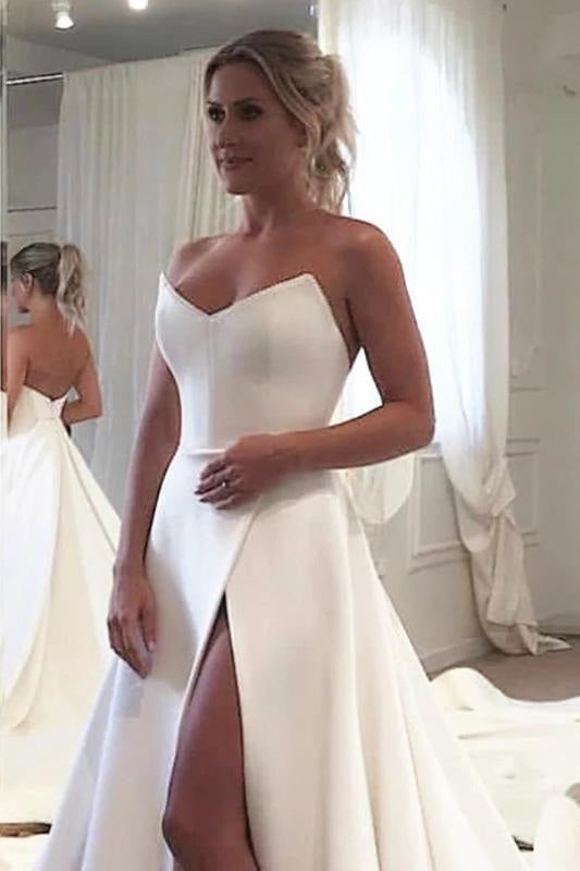 Strapless Bodice Corset Leg Slit Satin Backless Long Wedding Dress