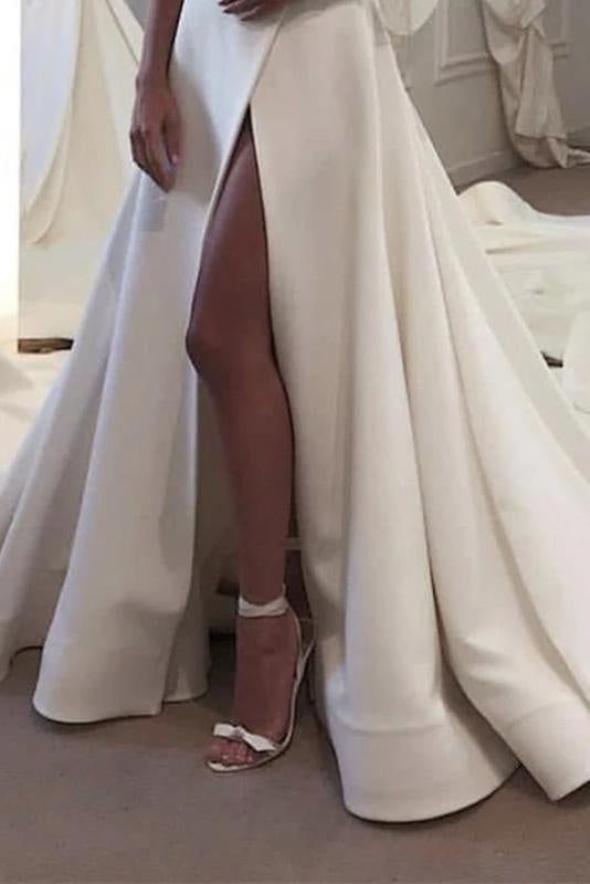 Strapless Bodice Corset Leg Slit Satin Backless Long Wedding Dress
