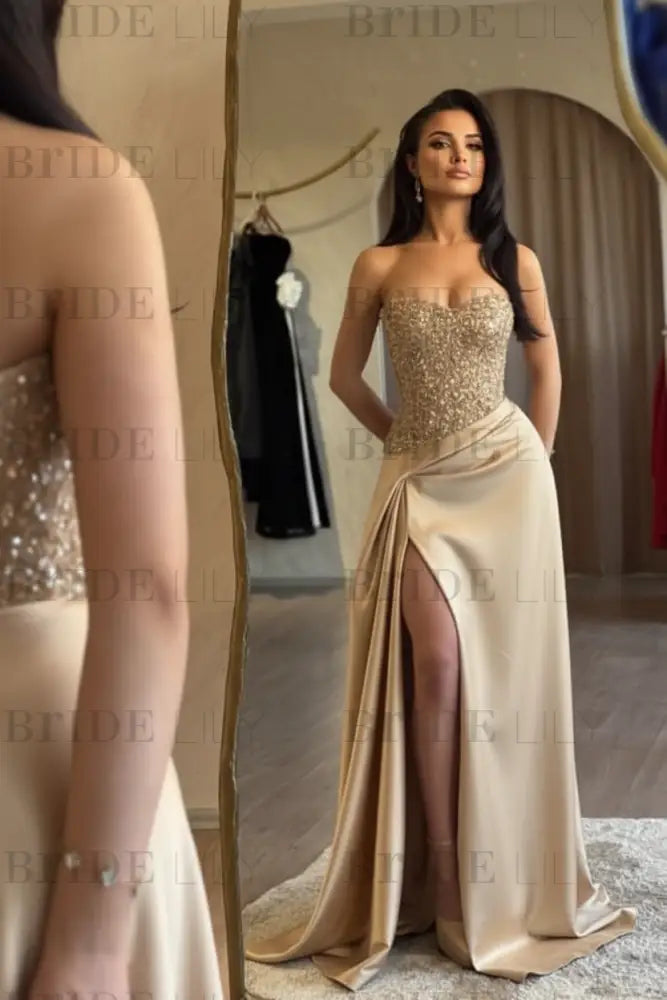 Strapless Royal Blue Sequins Sheath Long Prom Dress Ruffle Satin Side Split Dress